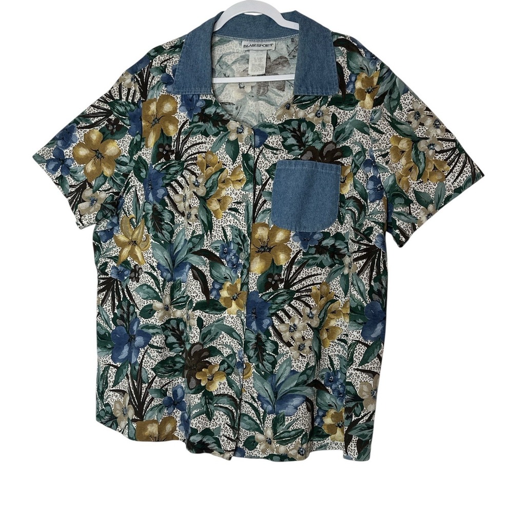 Vintage BLAIRSPORT women's 3X Plus‎ Button Up Denim Floral Y2K Short Sleeve